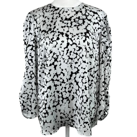 DKNY Black White Printed Ruched Sleeve Crewneck Relaxed Fit Blouse Top Small NWT - Picture 3 of 13